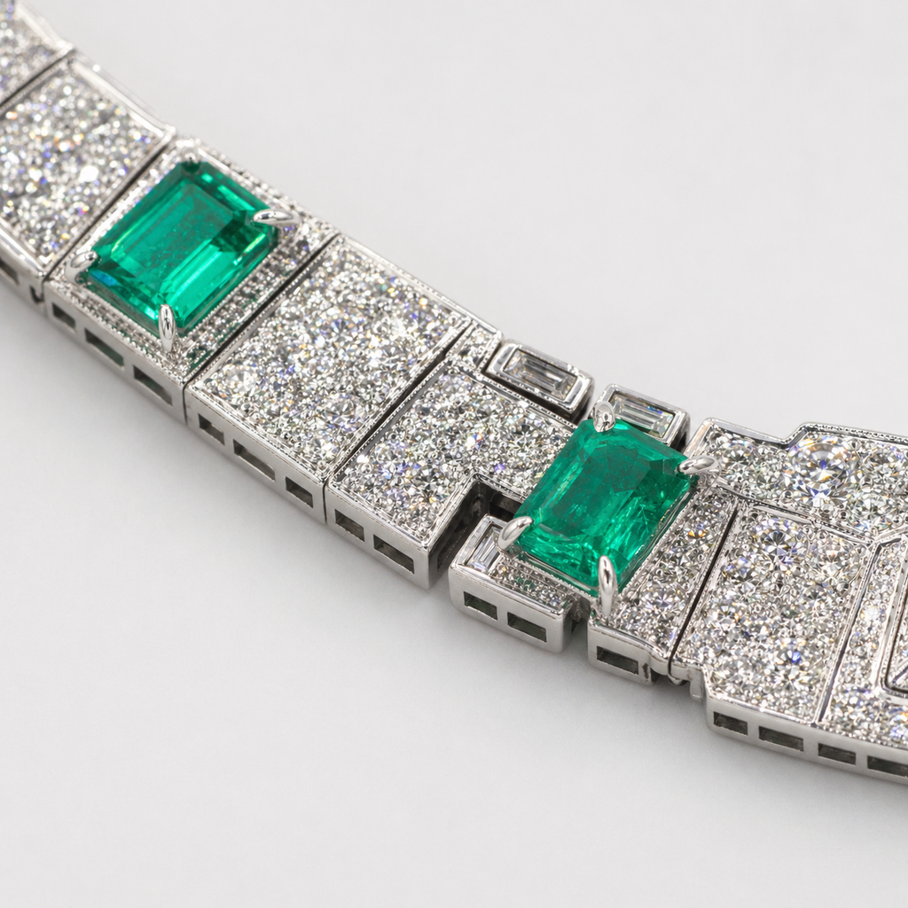 Natural Diamond and Green Emerald Cocktail Platinum Necklace