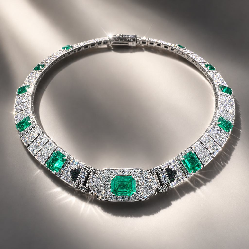 Natural Diamond and Green Emerald Cocktail Platinum Necklace