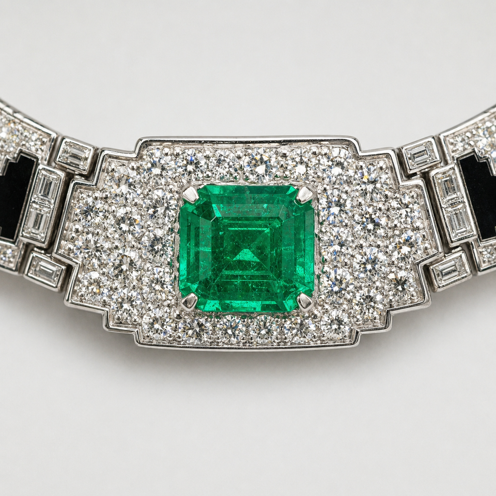 Natural Diamond and Green Emerald Cocktail Platinum Necklace
