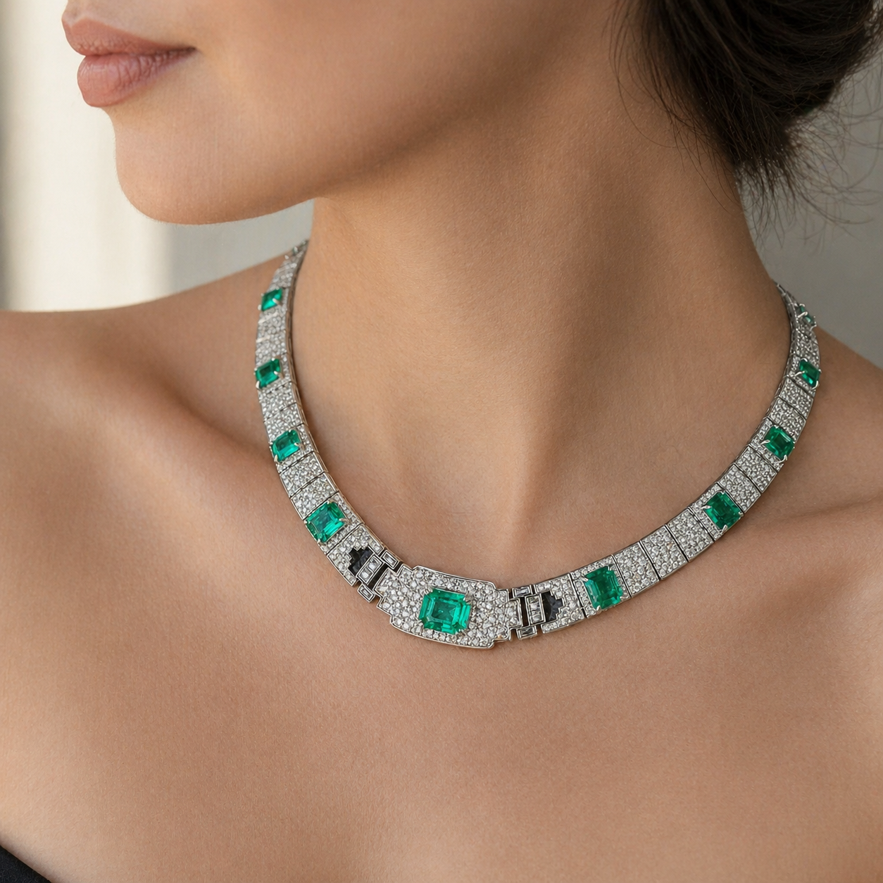 Natural Diamond and Green Emerald Cocktail Platinum Necklace