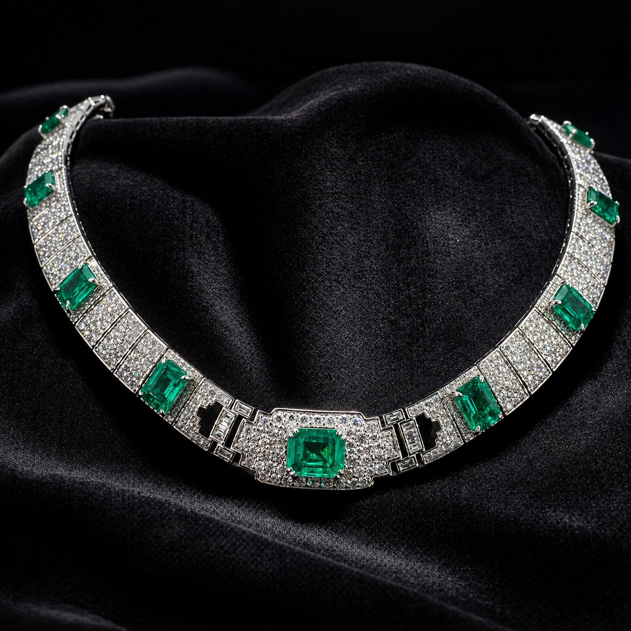 Natural Diamond and Green Emerald Cocktail Platinum Necklace