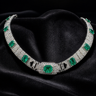 Natural Diamond and Green Emerald Cocktail Platinum Necklace