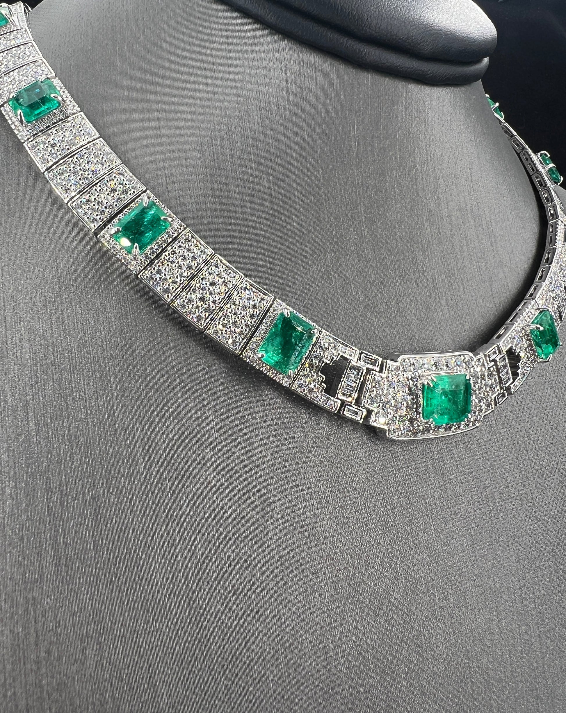 Natural Diamond and Green Emerald Cocktail Platinum Necklace