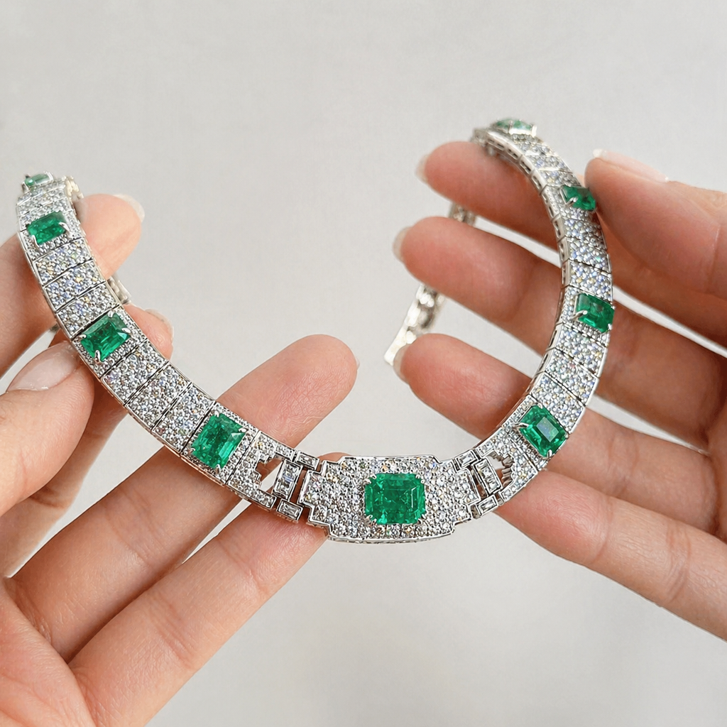 Natural Diamond and Green Emerald Cocktail Platinum Necklace