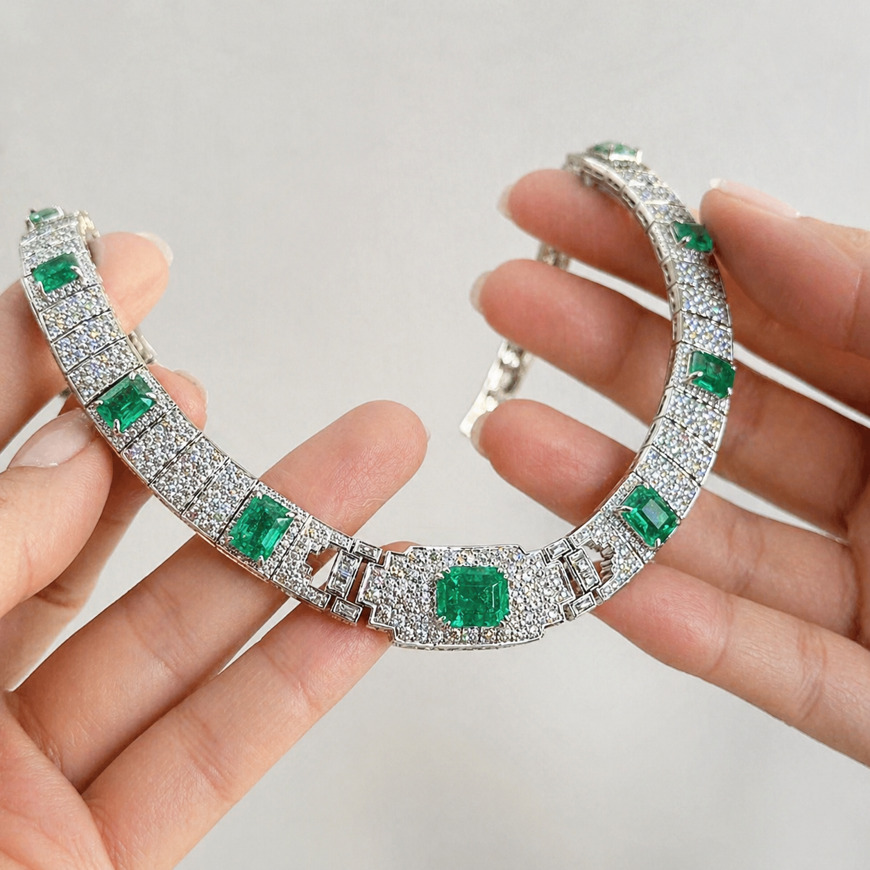 Natural Diamond and Green Emerald Cocktail Platinum Necklace