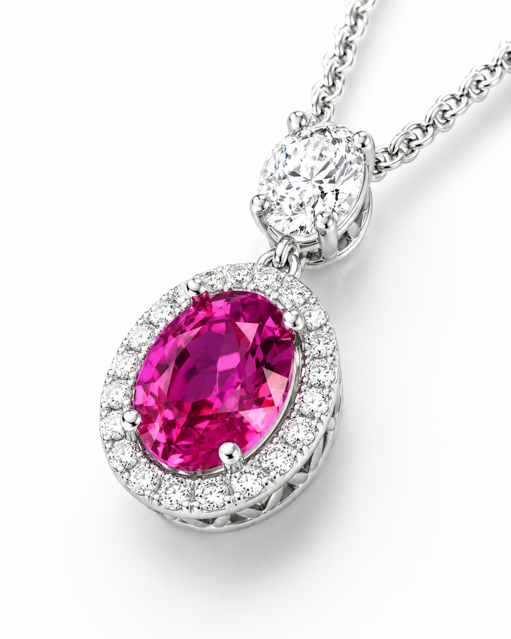 Natural Ruby and Diamond Halo Pendant 18KT White Gold
