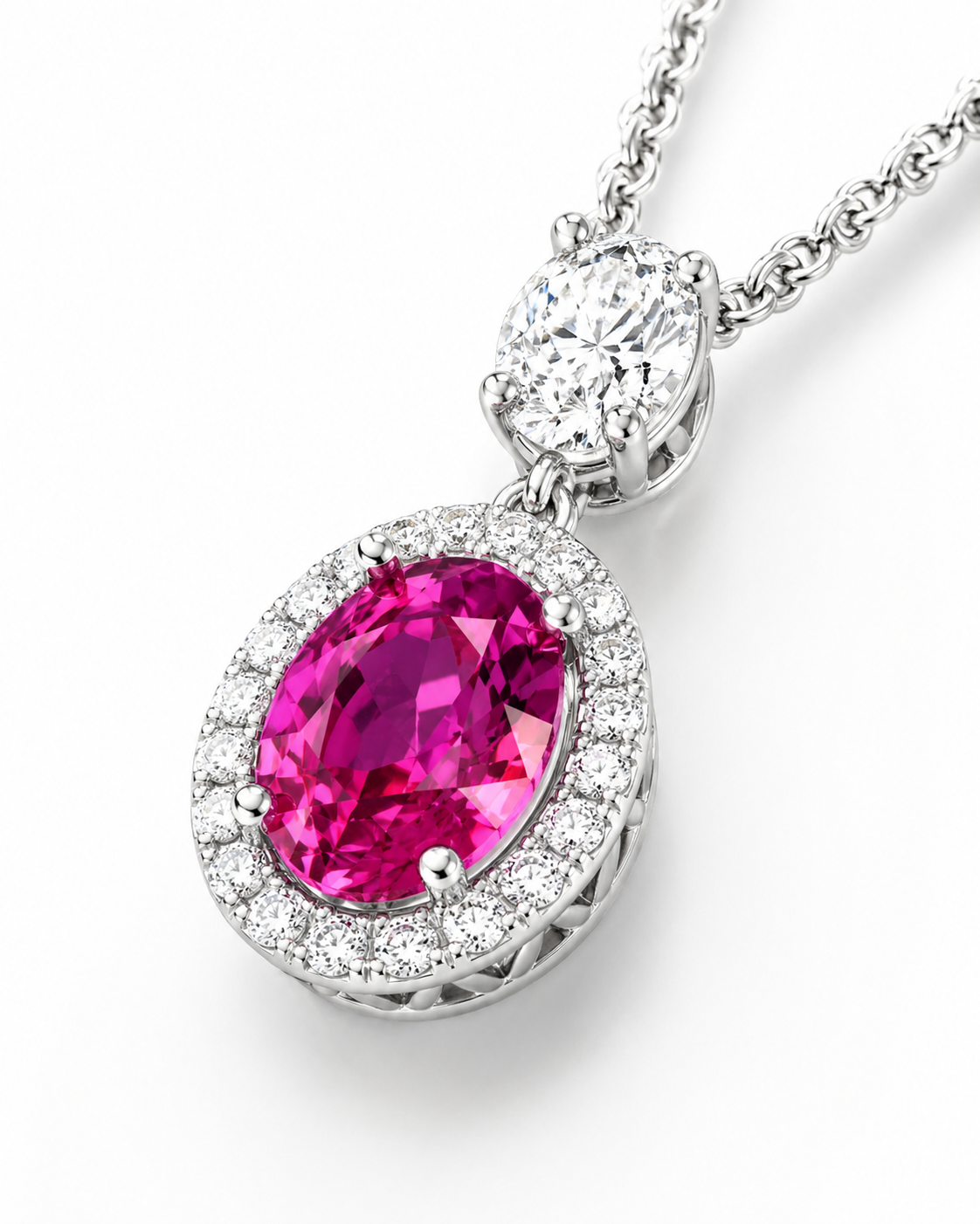 Natural Ruby and Diamond Halo Pendant 18KT White Gold