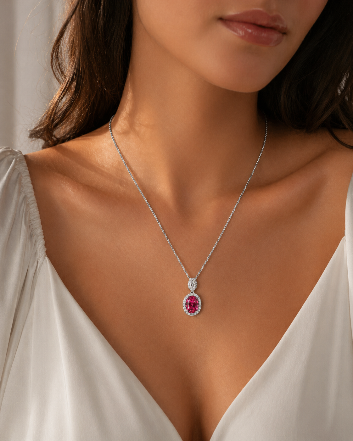 Natural Ruby and Diamond Halo Pendant 18KT White Gold