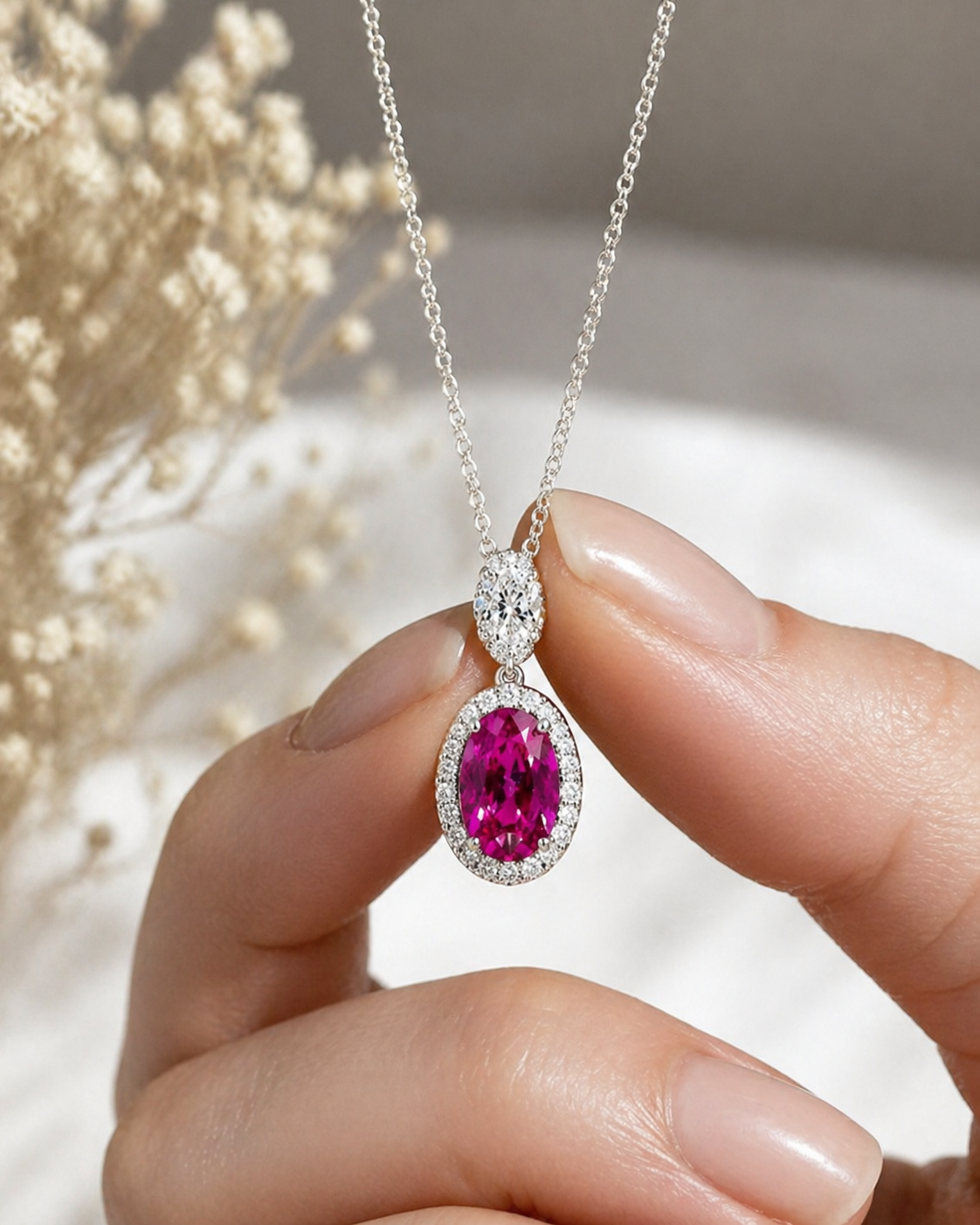 Natural Ruby and Diamond Halo Pendant 18KT White Gold