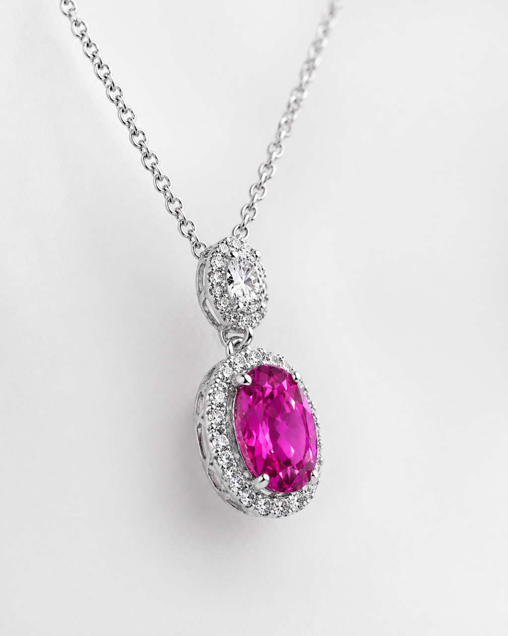Natural Ruby and Diamond Halo Pendant 18KT White Gold