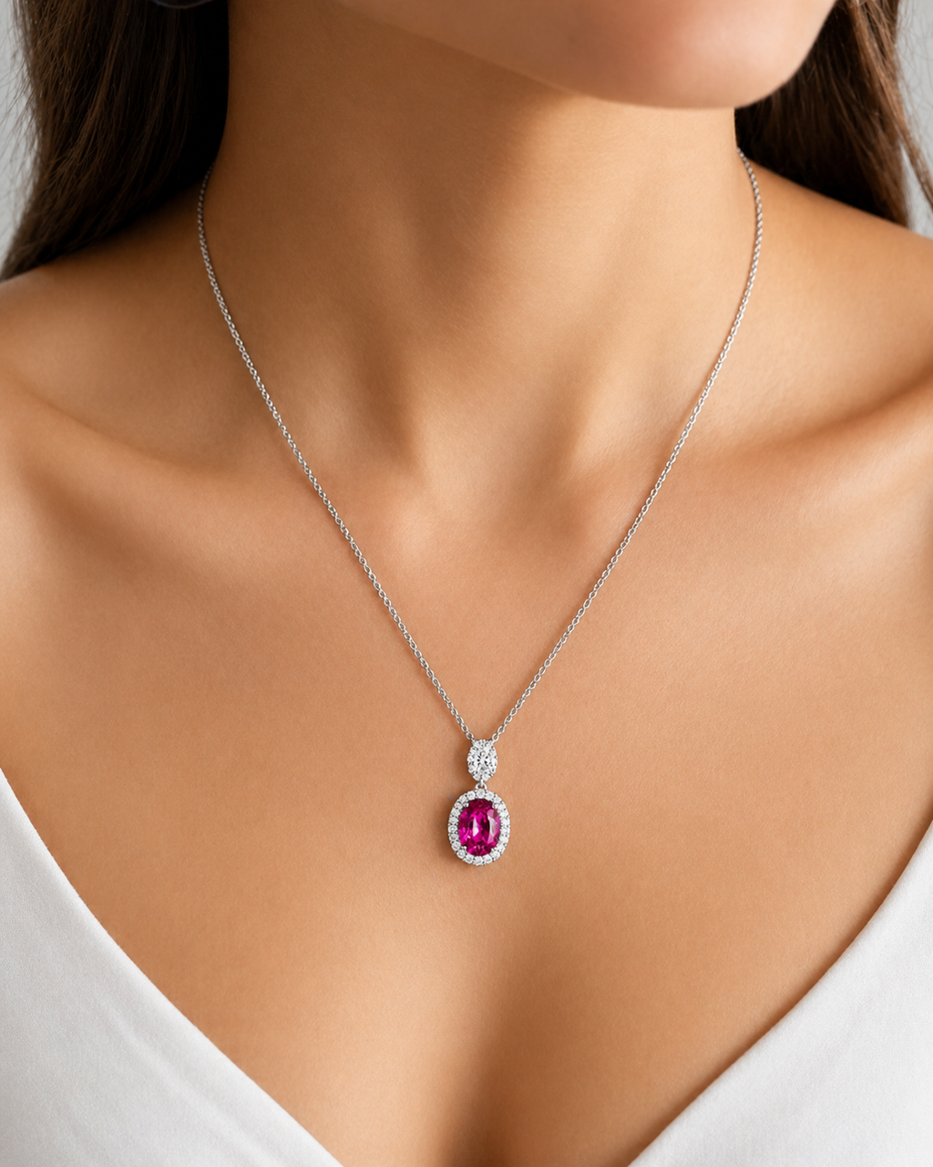 Natural Ruby and Diamond Halo Pendant 18KT White Gold