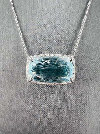 Natural Mined Aquamarine with Diamond Halo Cocktail Necklace Platinum