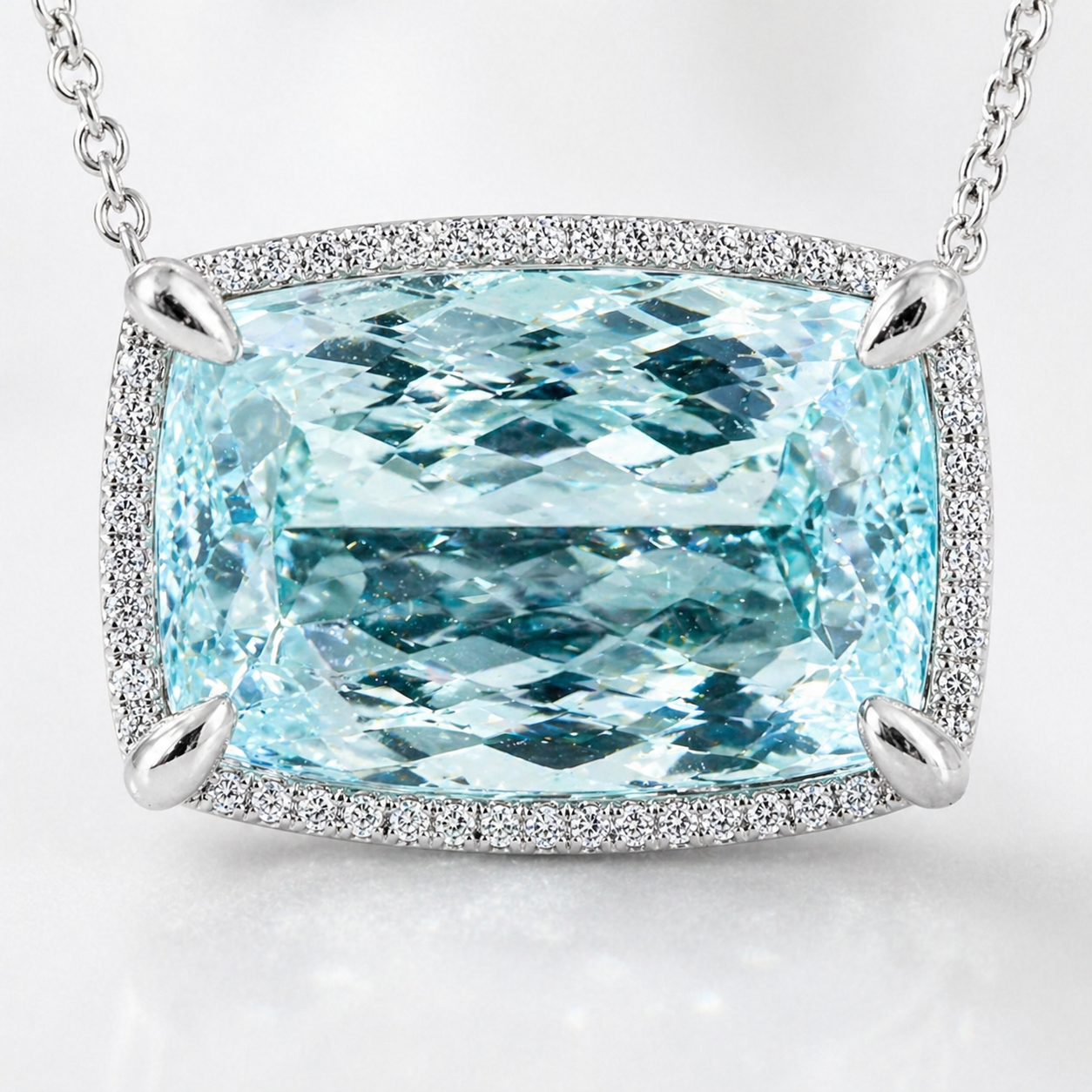 Natural Aquamarine Diamond Halo Cocktail Platinum Necklace