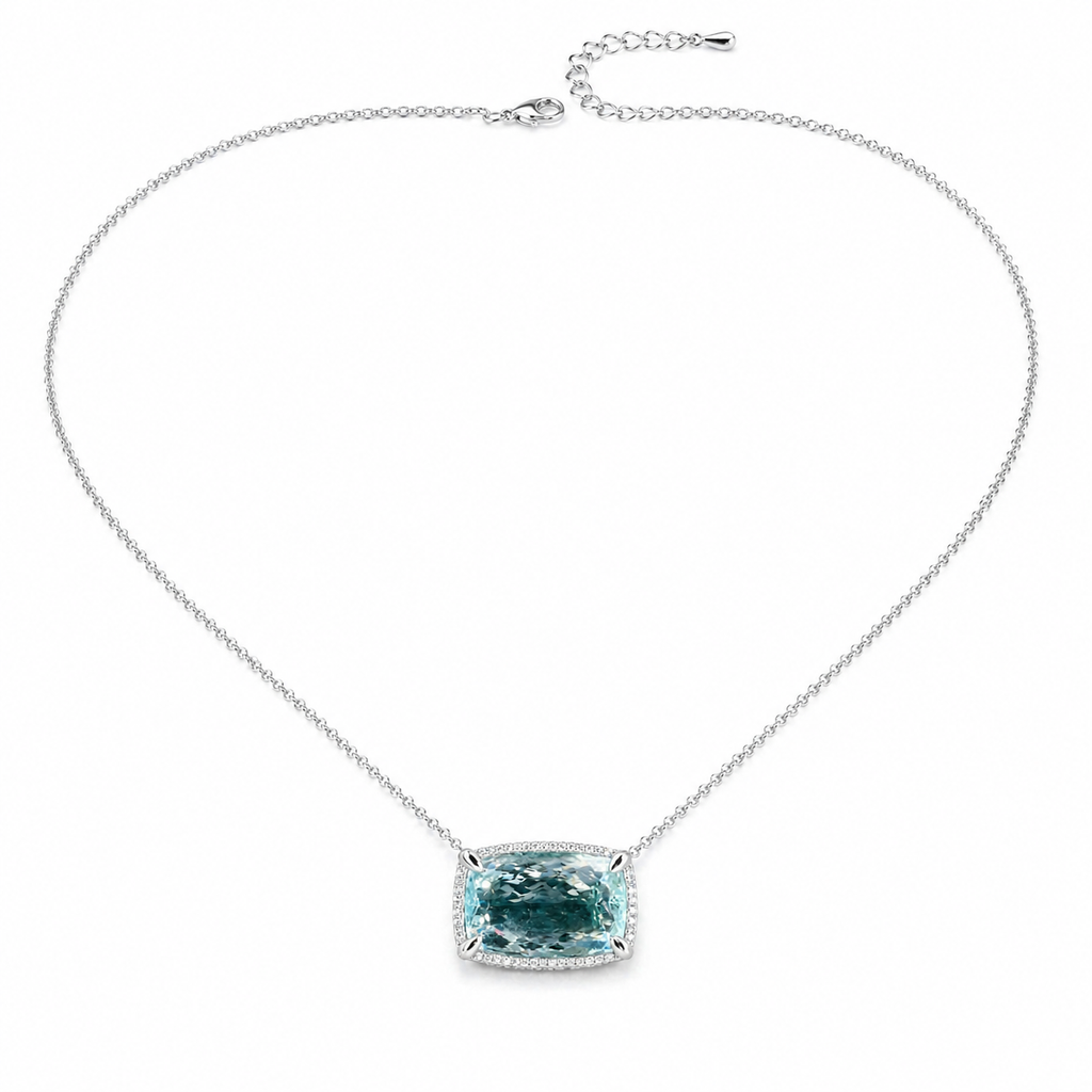 Natural Aquamarine Diamond Halo Cocktail Platinum Necklace