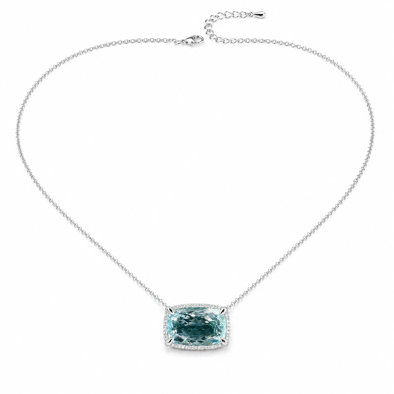 Natural Aquamarine Diamond Halo Cocktail Platinum Necklace