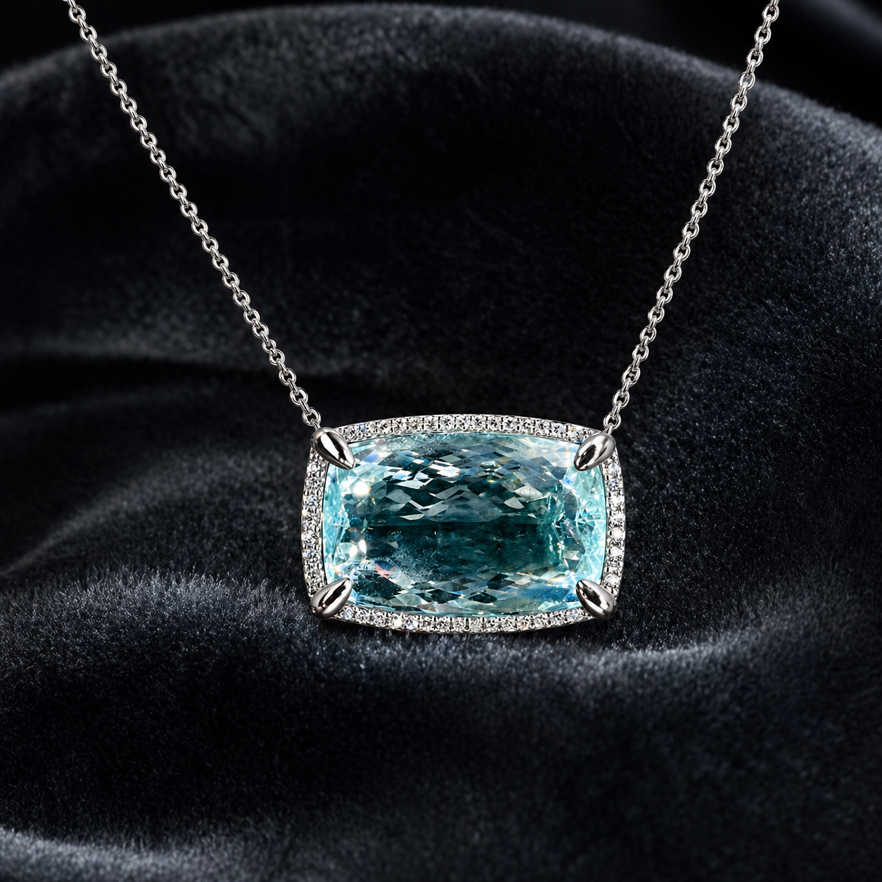 Natural Aquamarine Diamond Halo Cocktail Platinum Necklace