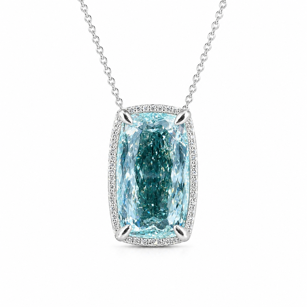 Natural Aquamarine Diamond Halo Cocktail Platinum Necklace
