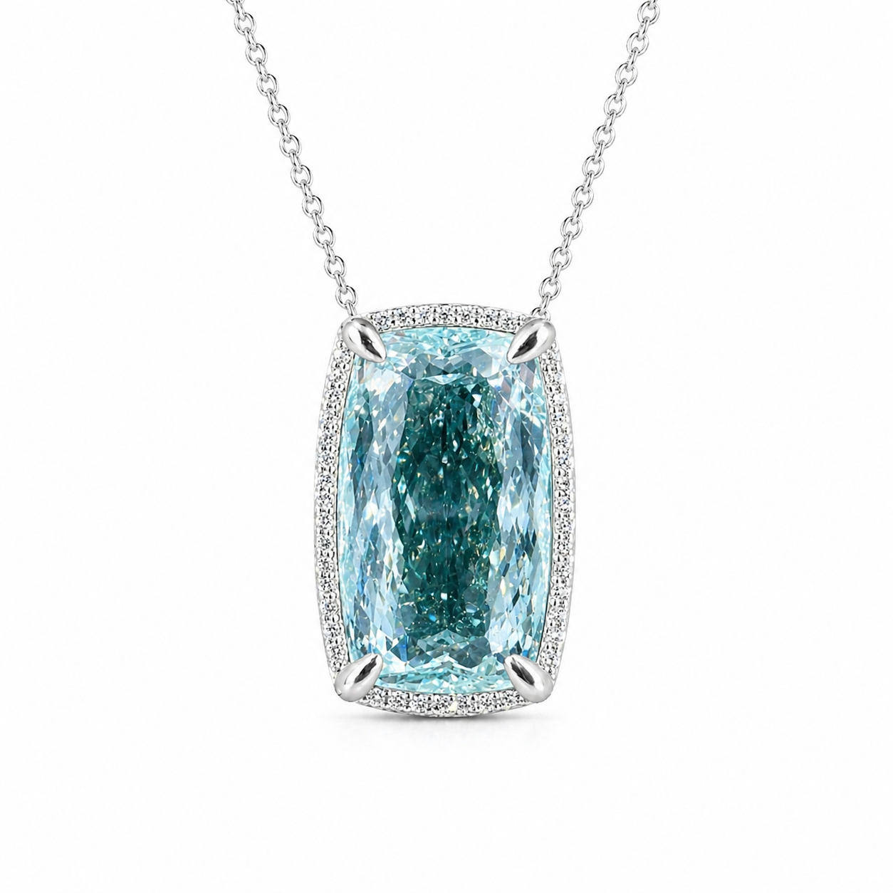 Natural Aquamarine Diamond Halo Cocktail Platinum Necklace