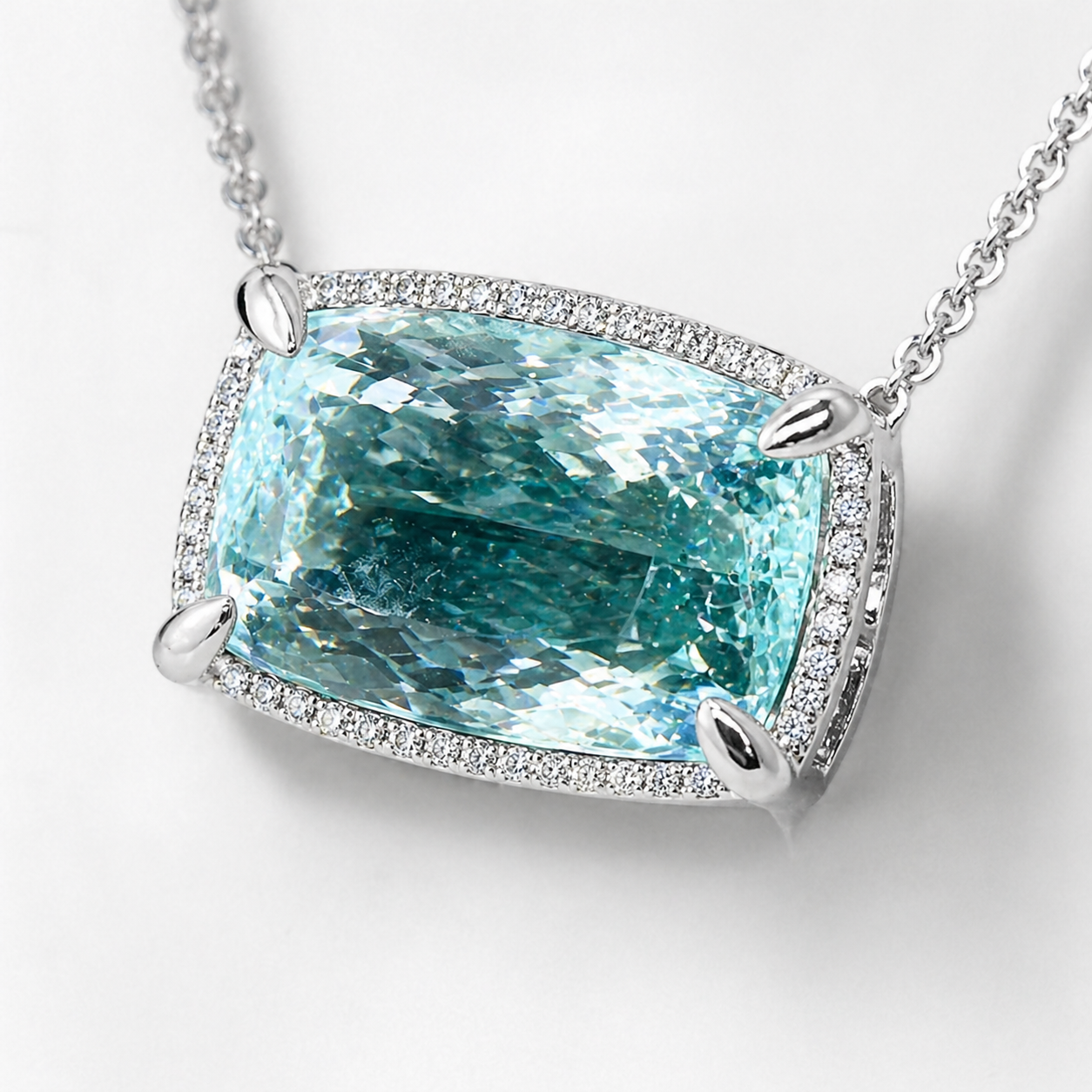 Natural Aquamarine Diamond Halo Cocktail Platinum Necklace