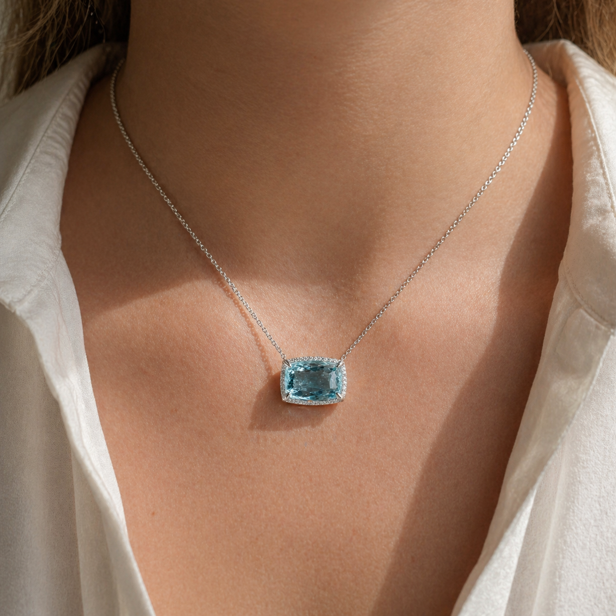Natural Aquamarine Diamond Halo Cocktail Platinum Necklace