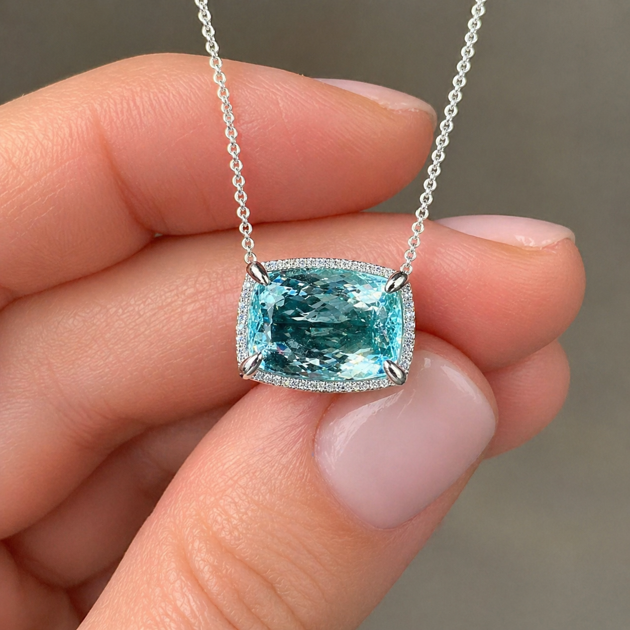 Natural Aquamarine Diamond Halo Cocktail Platinum Necklace