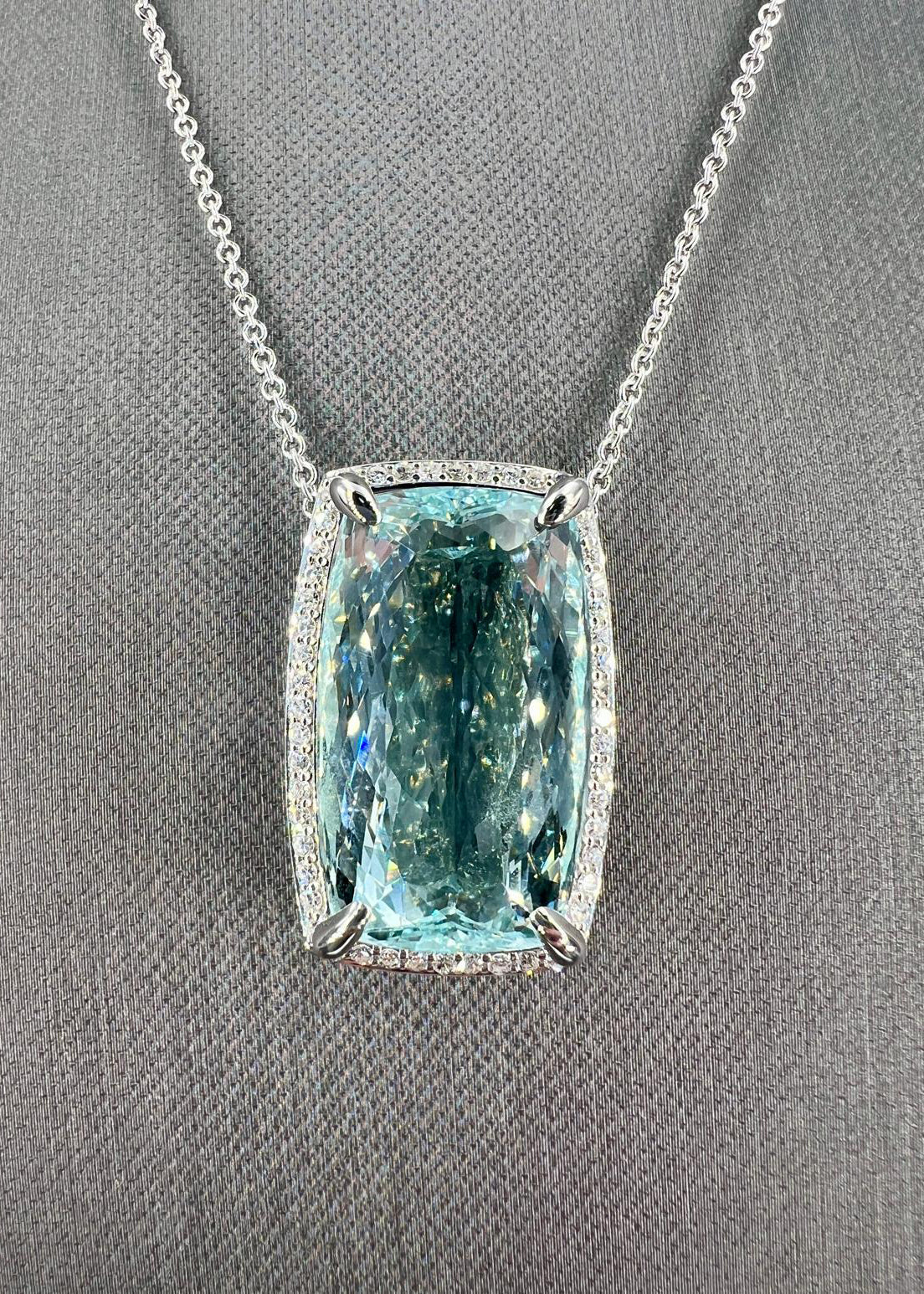 Natural Aquamarine with Diamond Halo Cocktail Platinum Necklac