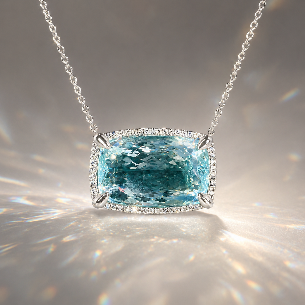 Natural Aquamarine Diamond Halo Cocktail Platinum Necklace
