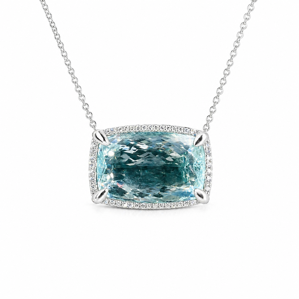 Natural Aquamarine Diamond Halo Cocktail Platinum Necklace