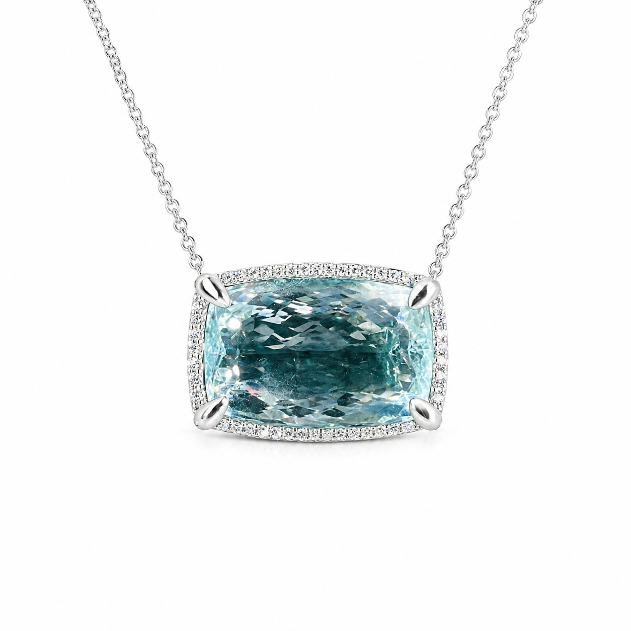 Natural Aquamarine Diamond Halo Cocktail Platinum Necklace