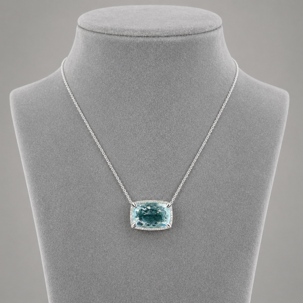 Natural Aquamarine Diamond Halo Cocktail Platinum Necklace