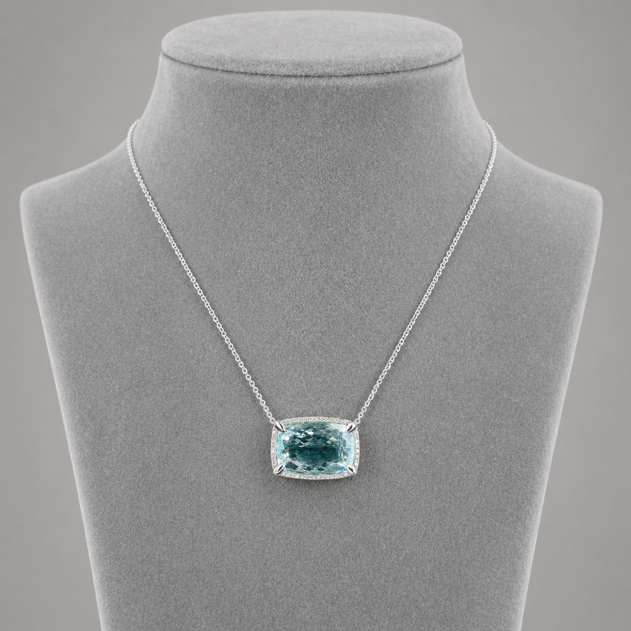 Natural Aquamarine Diamond Halo Cocktail Platinum Necklace