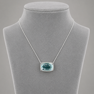 Natural Aquamarine Diamond Halo Cocktail Platinum Necklace