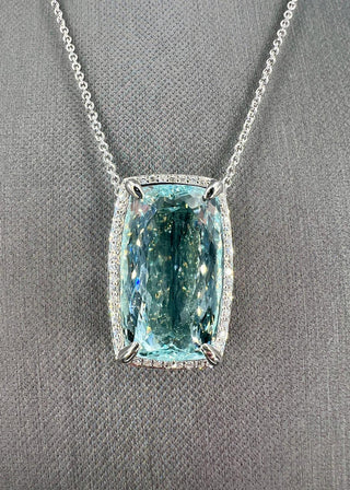 Natural Mined Aquamarine with Diamond Halo Cocktail Necklace Platinum