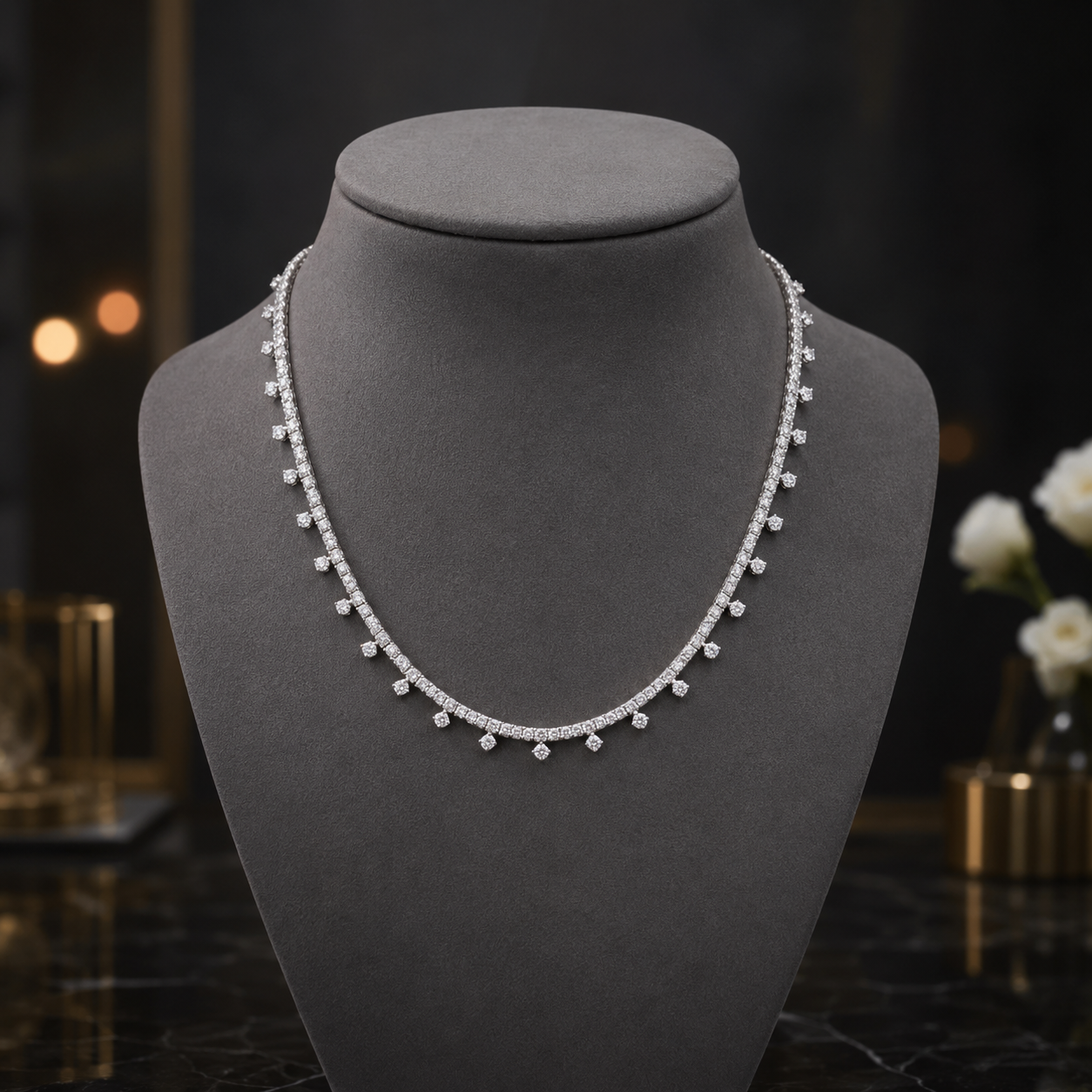 Natural Round Diamond Bridal Cocktail Necklace 18KT White Gold