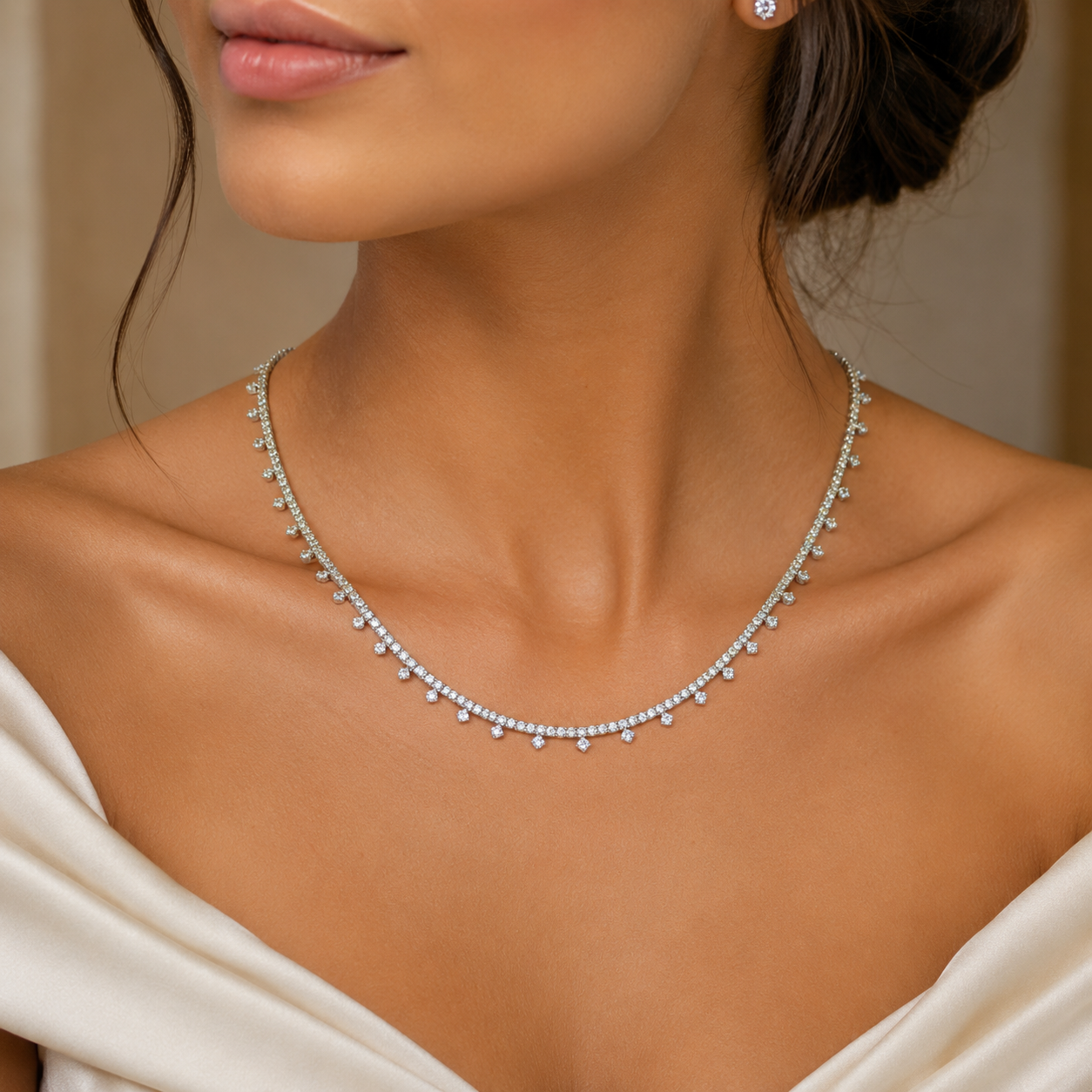 Natural Round Diamond Bridal Cocktail Necklace 18KT White Gold