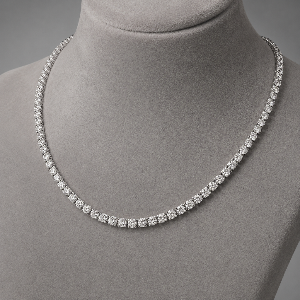 Natural Round Diamond Riviera Tennis Necklace 14KT White Gold