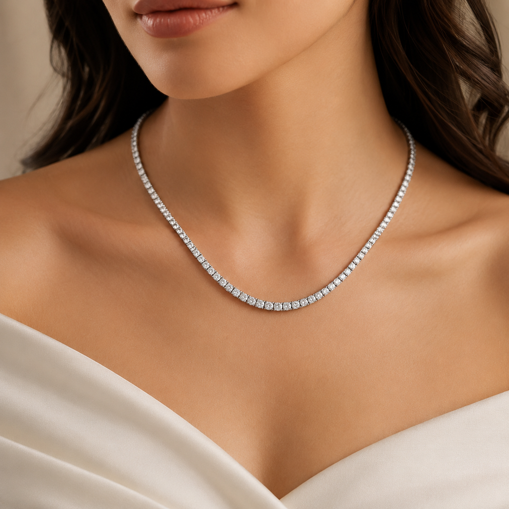 Natural Round Diamond Riviera Tennis Necklace 14KT White Gold