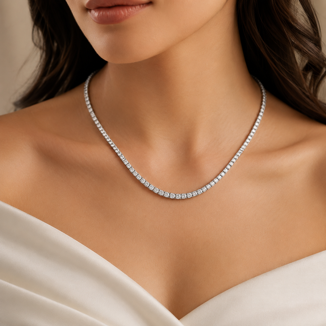 Natural Round Diamond Riviera Tennis Necklace 14KT White Gold