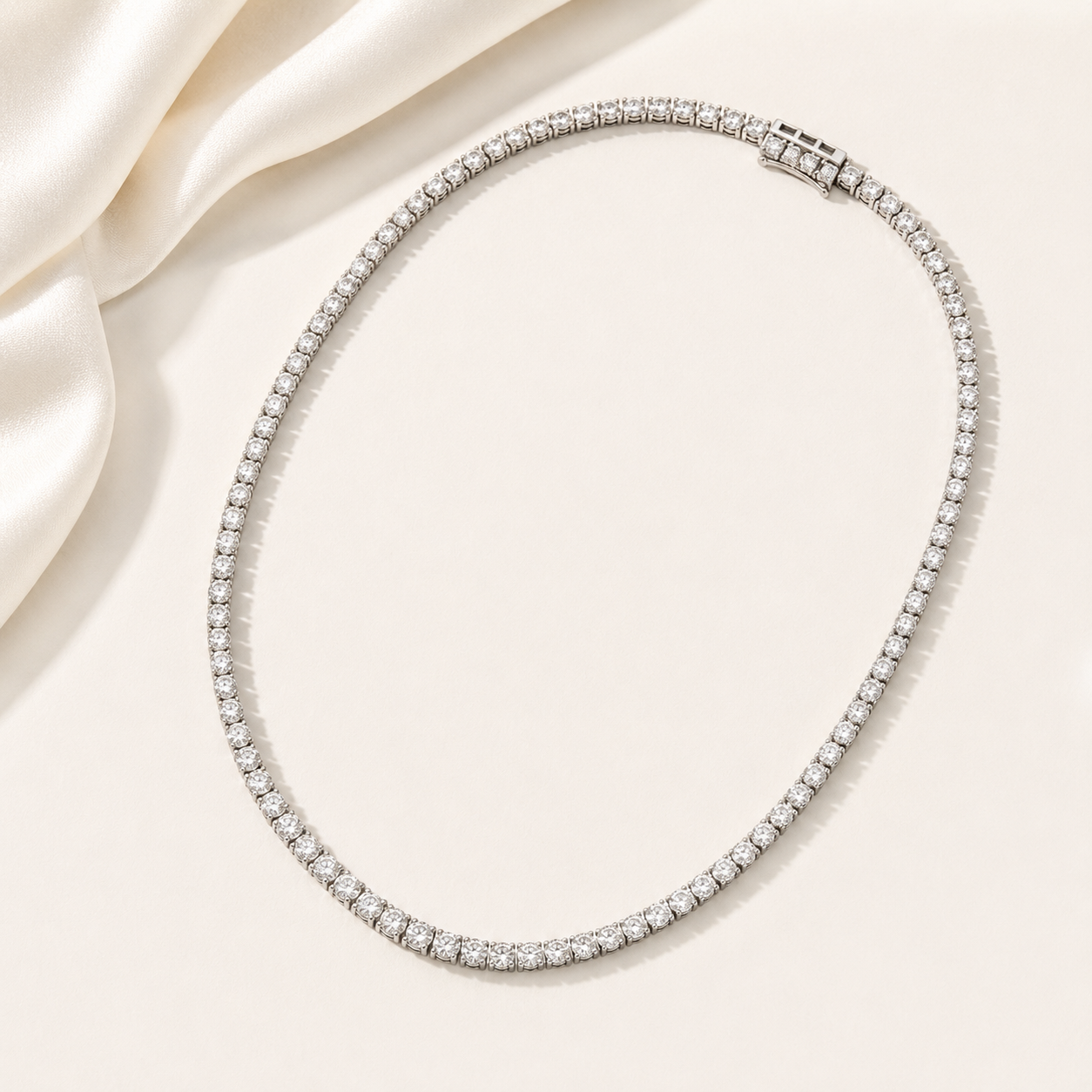 Natural Round Diamond Riviera Tennis Necklace 14KT White Gold