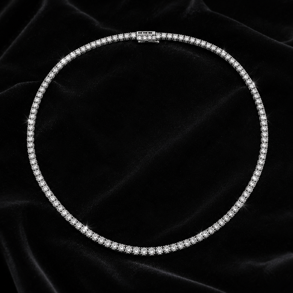 Natural Round Diamond Riviera Tennis Necklace 14KT White Gold
