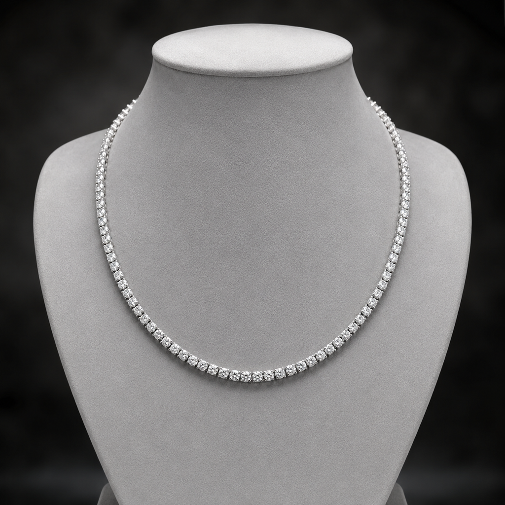 Natural Round Diamond Riviera Tennis Necklace 14KT White Gold