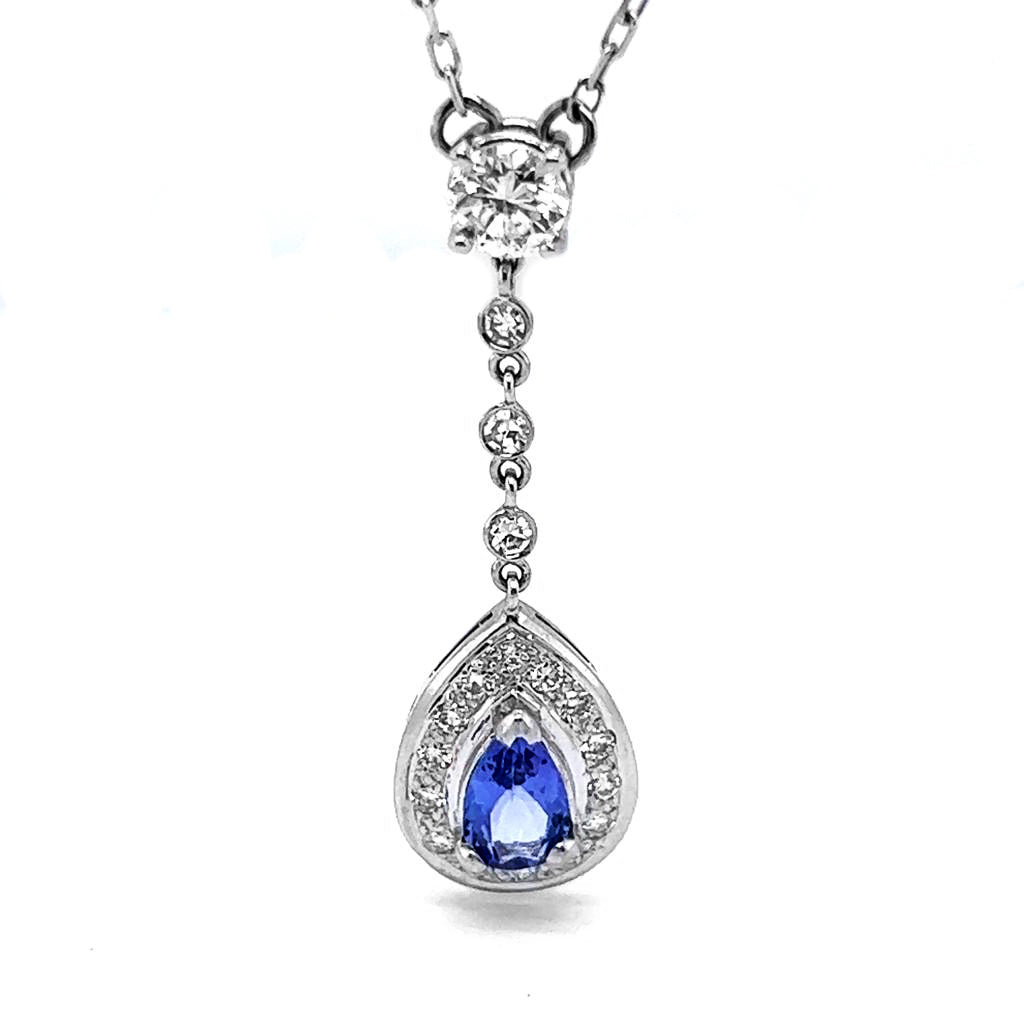 Natural Pear Shaped Tanzanite Diamond Halo Cocktail Necklace Pendant White Gold