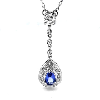 Natural Mined Pear Shaped Tanzanite Diamond Halo Cocktail Necklace Pendant White Gold