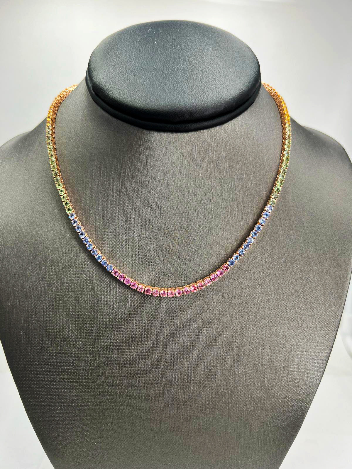 Natural Round Sapphire Multi Color Necklace, in Yellow Gold