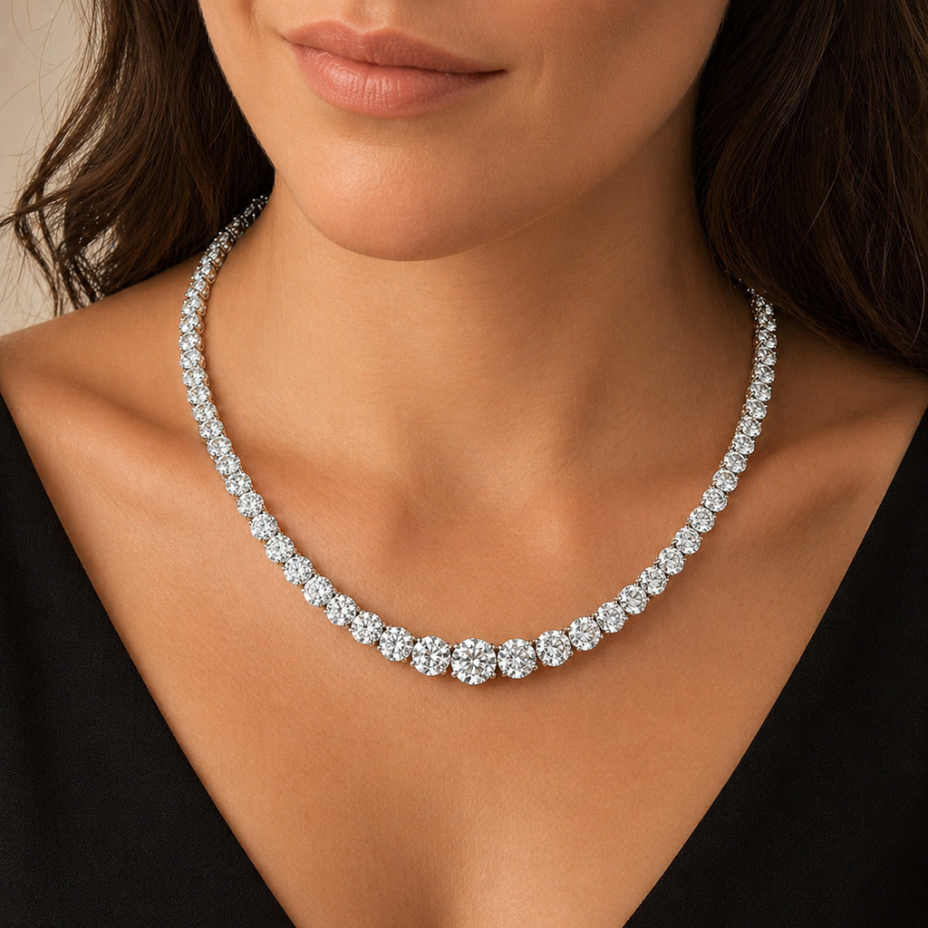 Natural Diamond Riviera Necklace 14KT White Gold