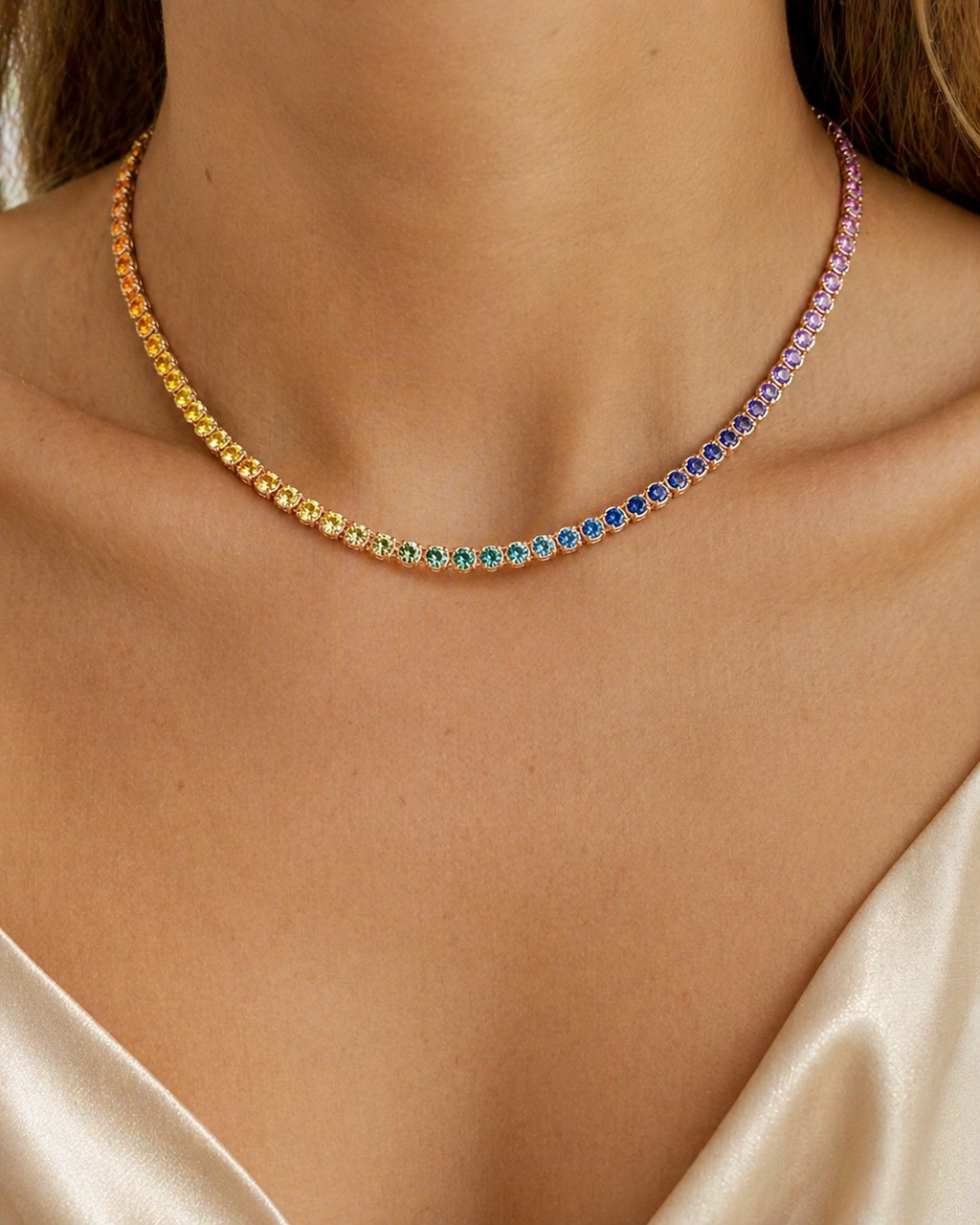 Natural Sapphire & Rubies Tennis Necklace 18KT Rose Gold