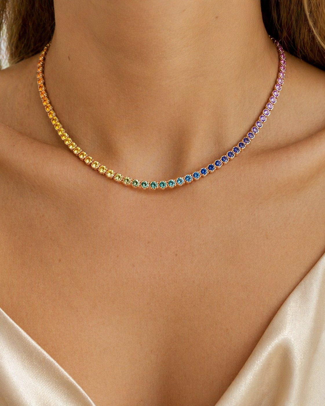 Natural Sapphire & Rubies Tennis Necklace 18KT Rose Gold