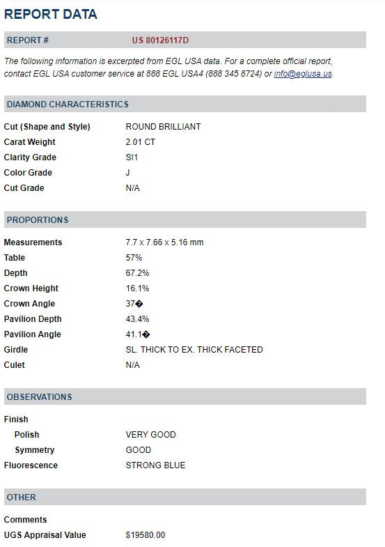 2.01 ct Diamond Round Cut J SI1 (EGLUSA) US 80126117D