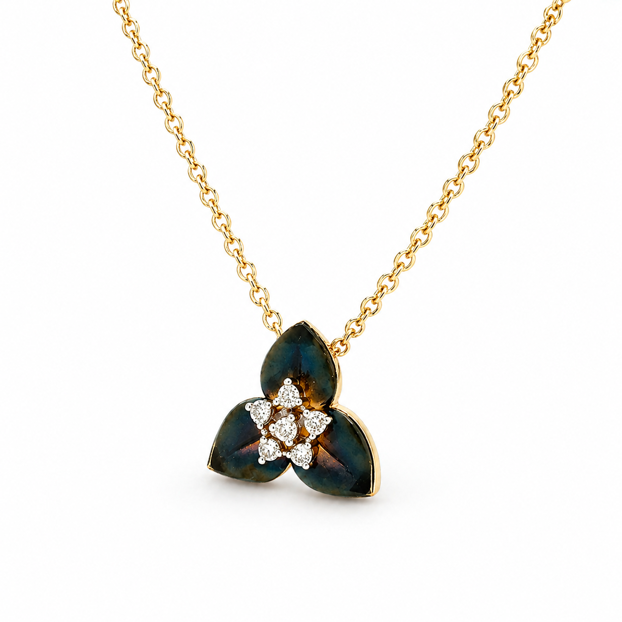 Natural Diamond Fancy Lotus Flower Pendant 14KT Yellow Gold