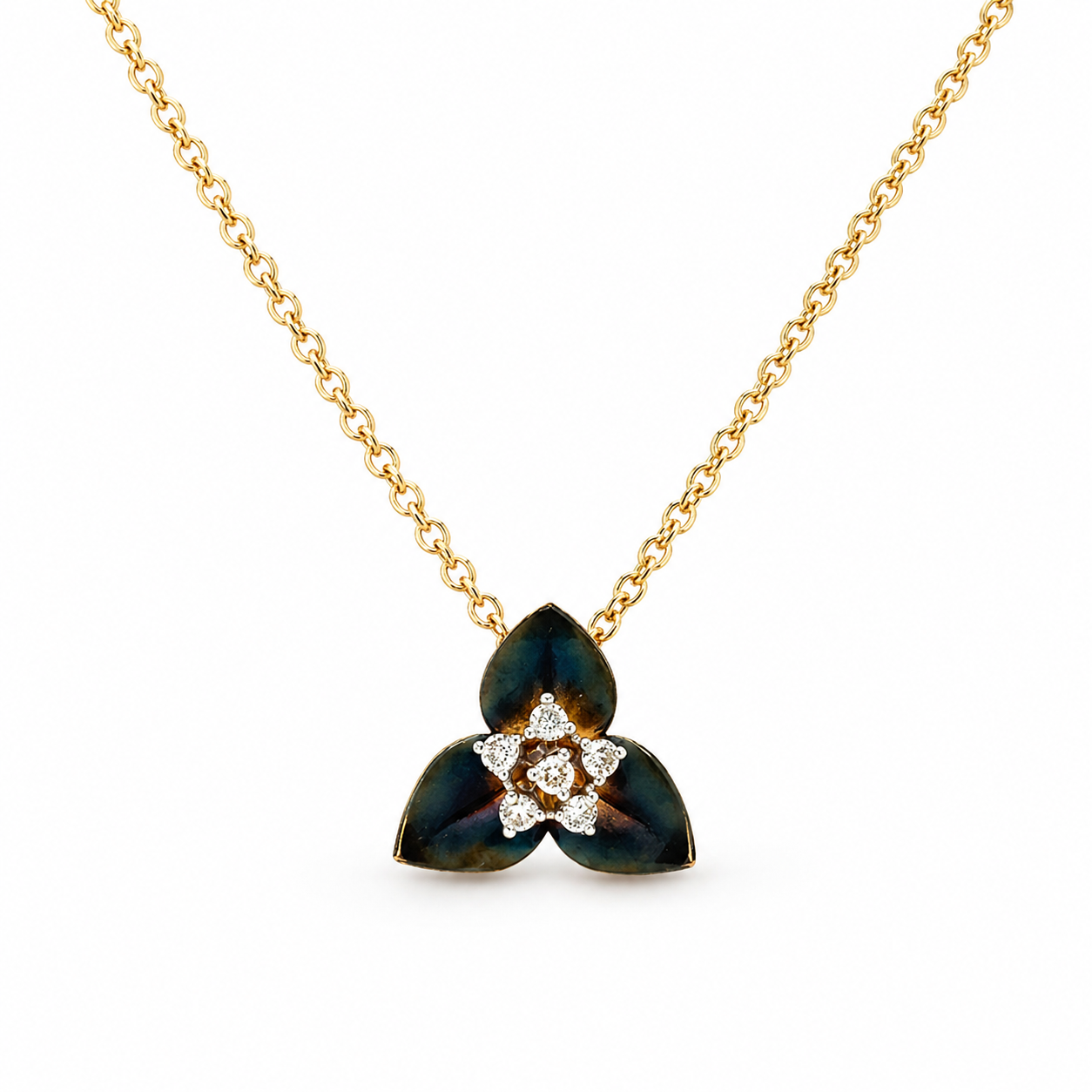 Natural Diamond Fancy Lotus Flower Pendant 14KT Yellow Gold
